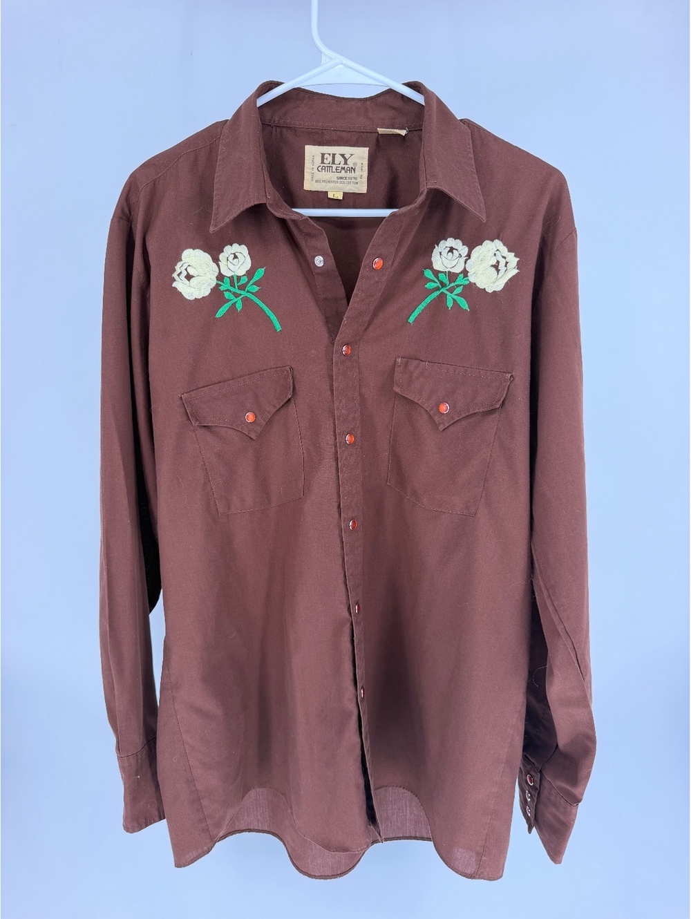 Vintage ELY Cattleman Brown Embroidered Western Shirt Large